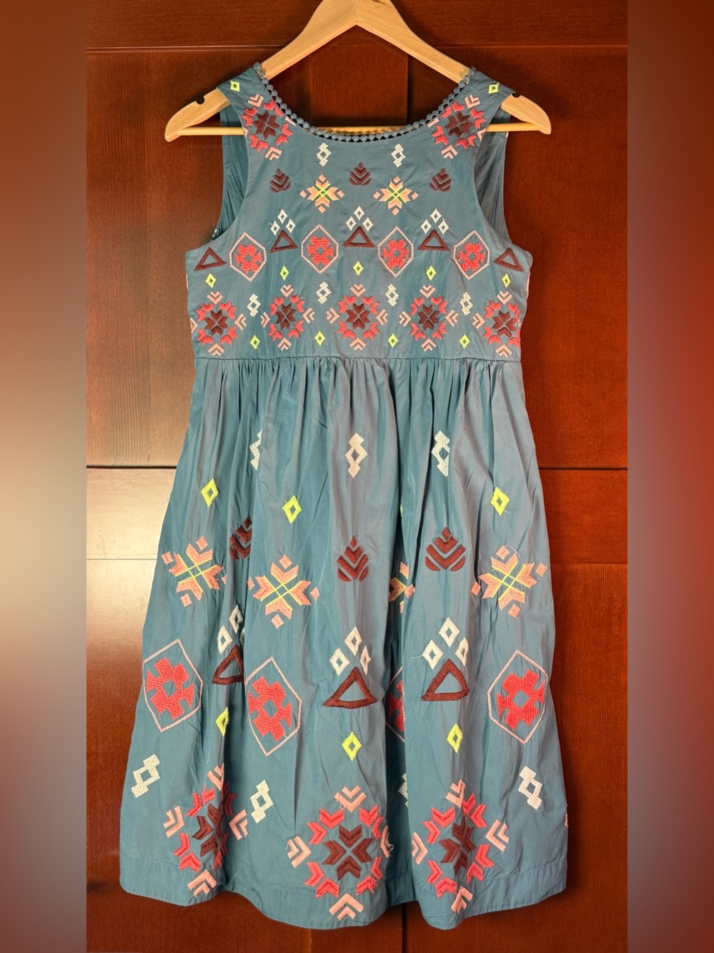Anthropologie XS Embroidered Blue Fit & Flare Dress Boho